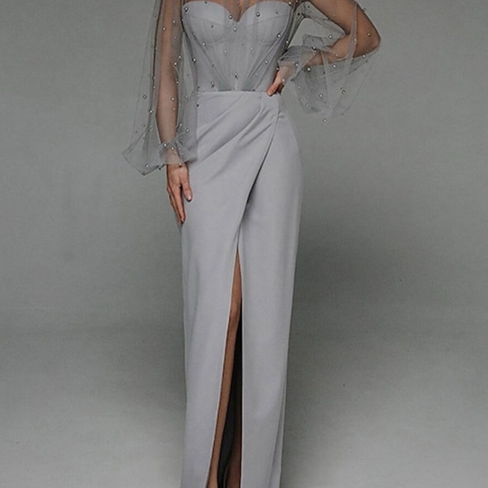 Elegant Gray Evening Gown with Sheer Sleeves